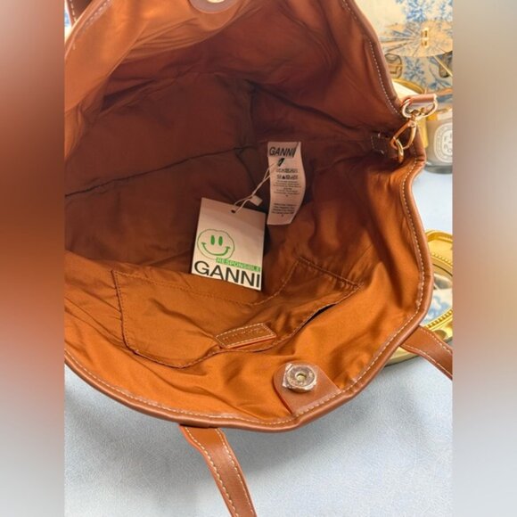 🆕 GANNI 🧿 NWT Small Banner Tote, Egret Cream Canvas & Tan Leather - Picture 11 of 14